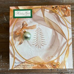 4 Indiana Glass Holiday Gold Trim Salad Plates 8-Inch Clear Christmas Tree